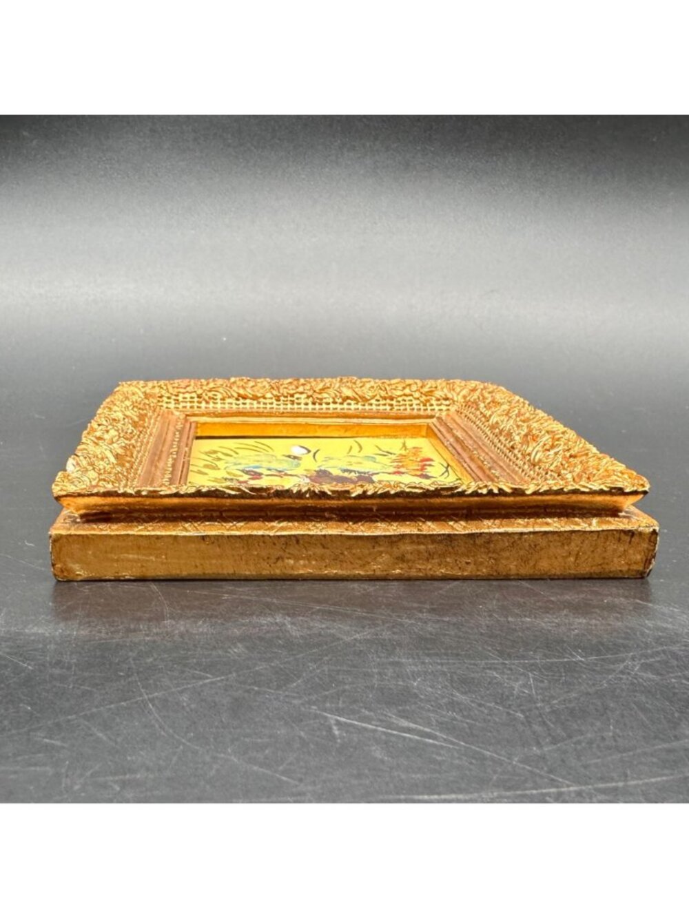 Vintage Miniature Floral Painting Ornate Gold Frame Wall Hanging Blue Flowers - Picture 3 of 10